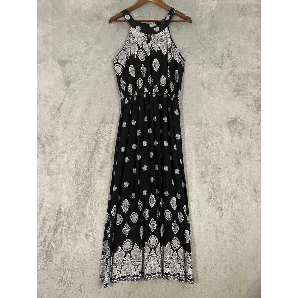 Seven Islands Maxi Sun Dress Sz L Black White Paisley Medallion Halter Boho Chic